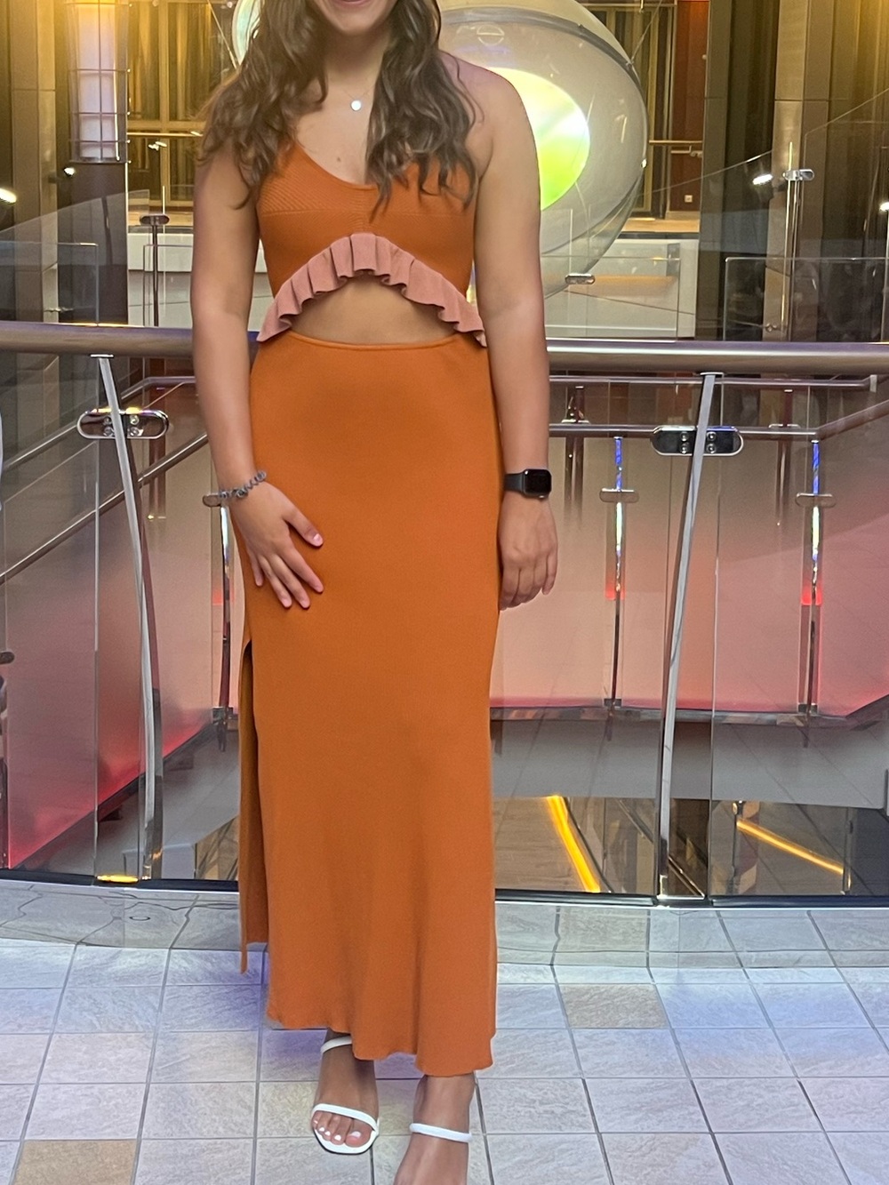Spaghetti-Strap Rust Orange Midi Dress with Rose-Pink Ruffle Detail